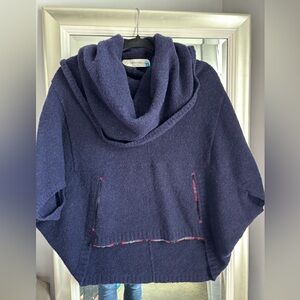 Anthropologie Sparrow Navy Blue Wool Blend Cowl Neck Poncho/Cape Sweater Sz Med